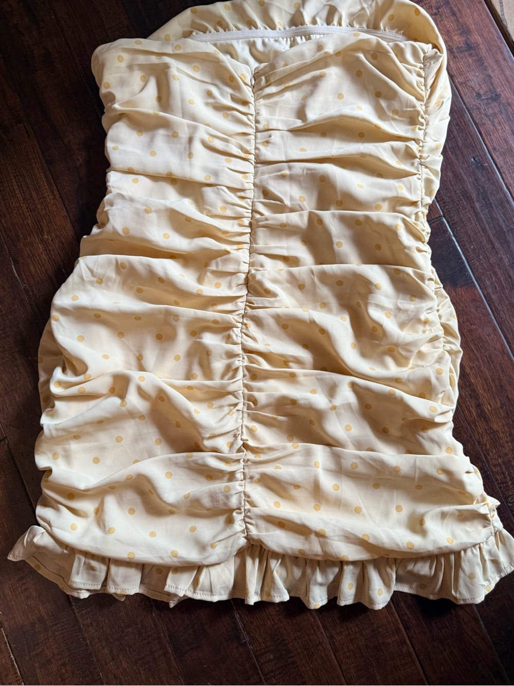 Lulu's Yellow Polka Dot Strapless Ruched Mini Dress - Picture 5 of 8